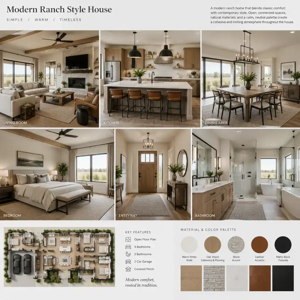 cohesive modern ranch house interior room design sequence