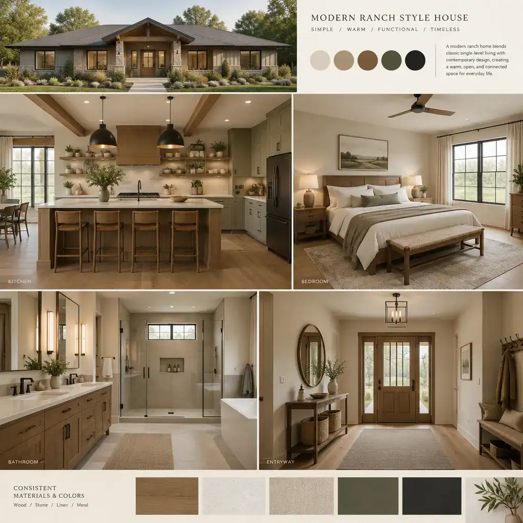 cohesive modern ranch house interior with kitchen bedroom bathroom and entryway design