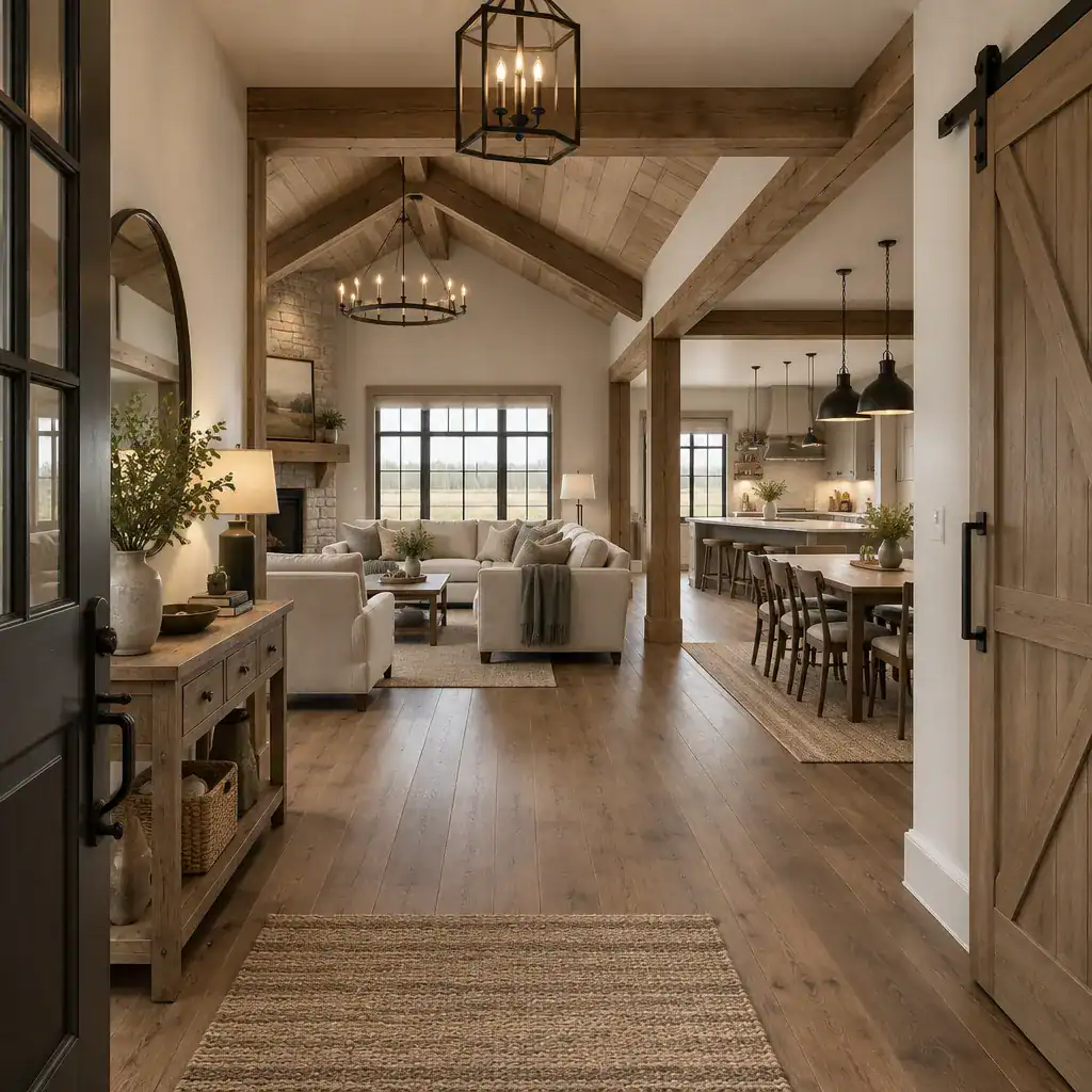 cohesive rustic transitional barn house living kitchen and entryway