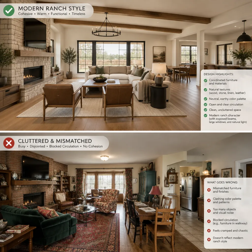 cohesive versus mismatched modern ranch house interior design comparison