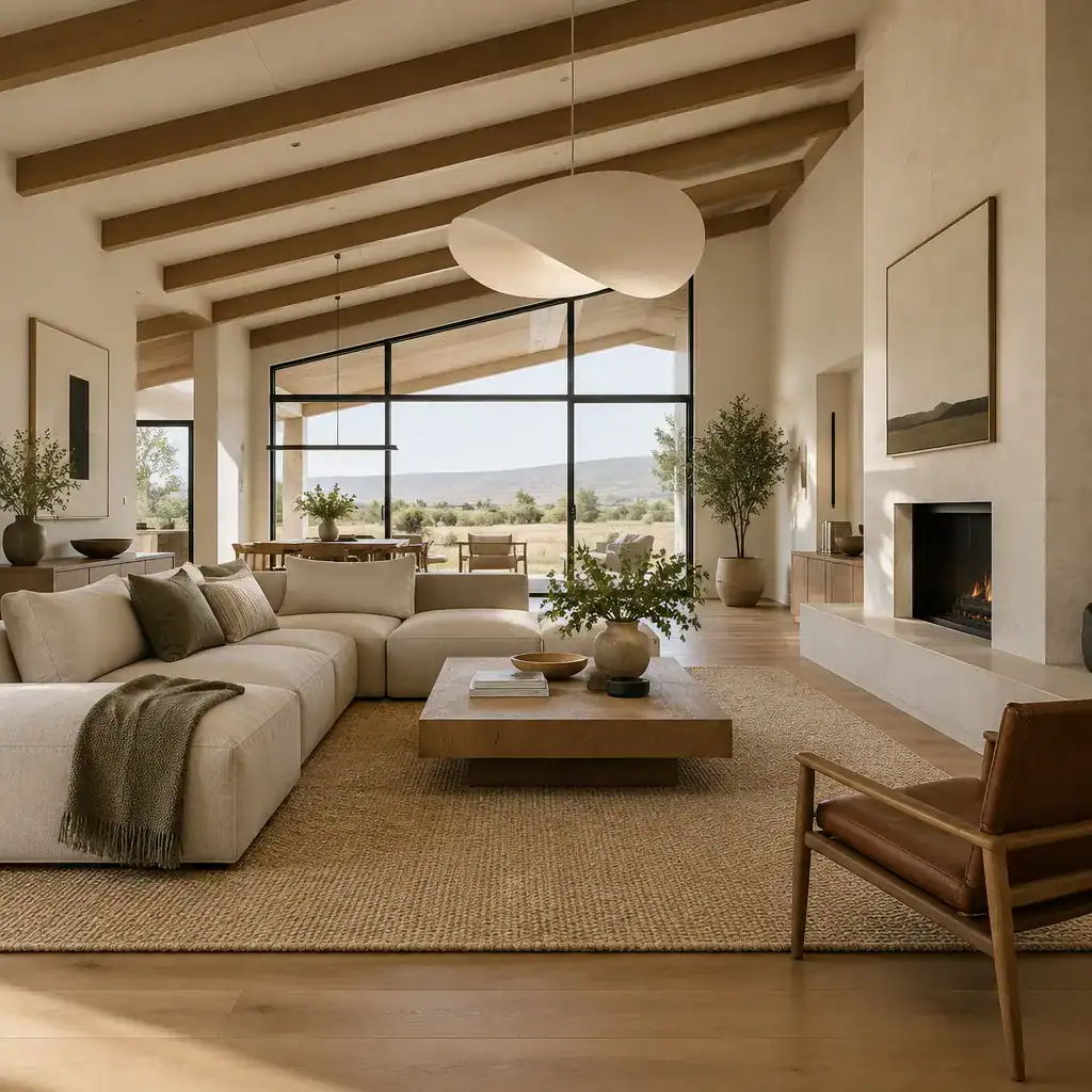 comfortable modern ranch living room with low profile furniture and natural decor