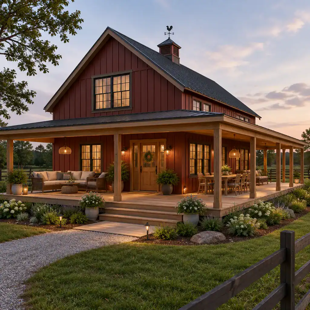 comfortable traditional barn house wraparound porch seating