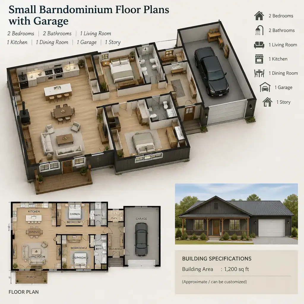 compact barndominium interior zoning with garage entry