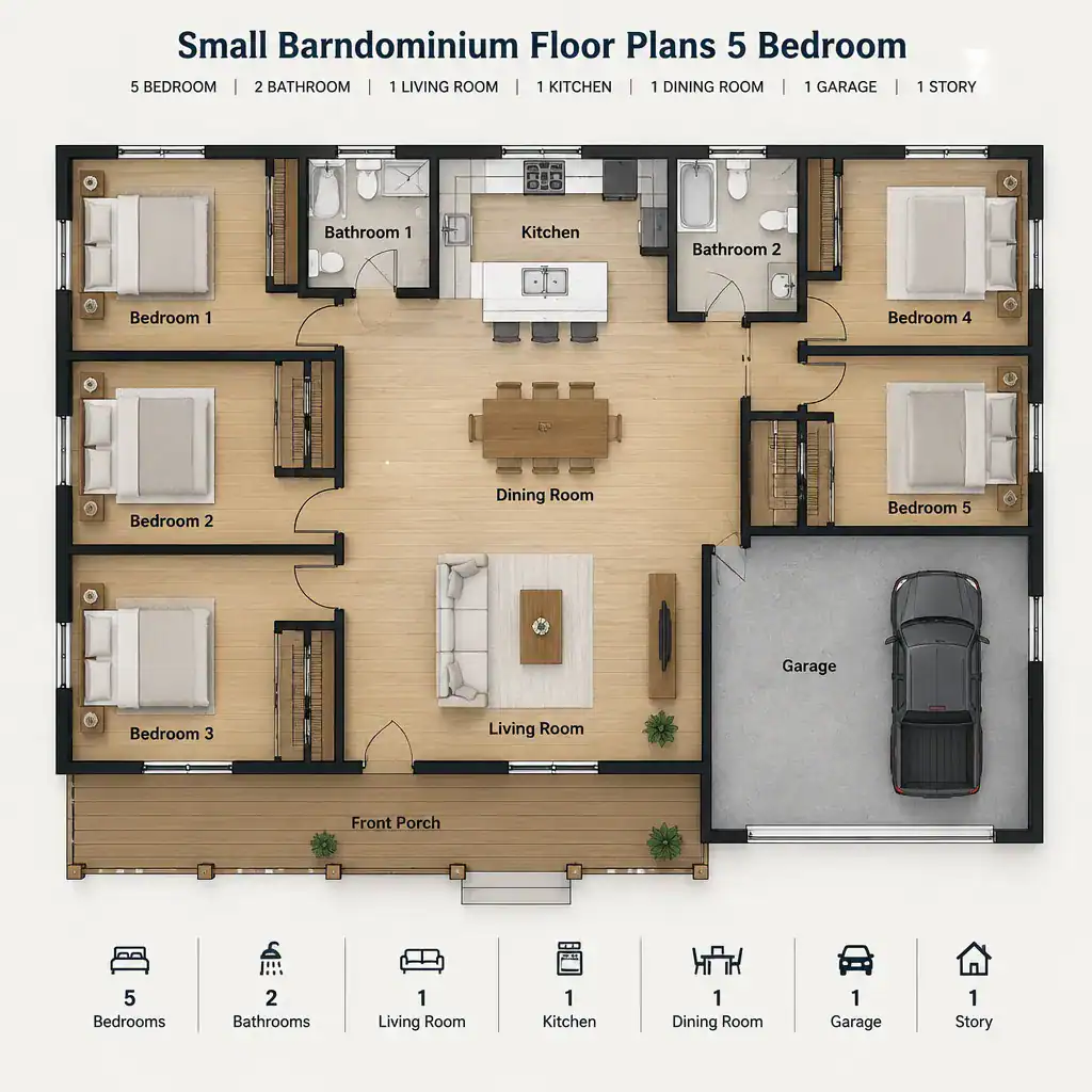 compact five-bedroom barndominium floor plan zoning