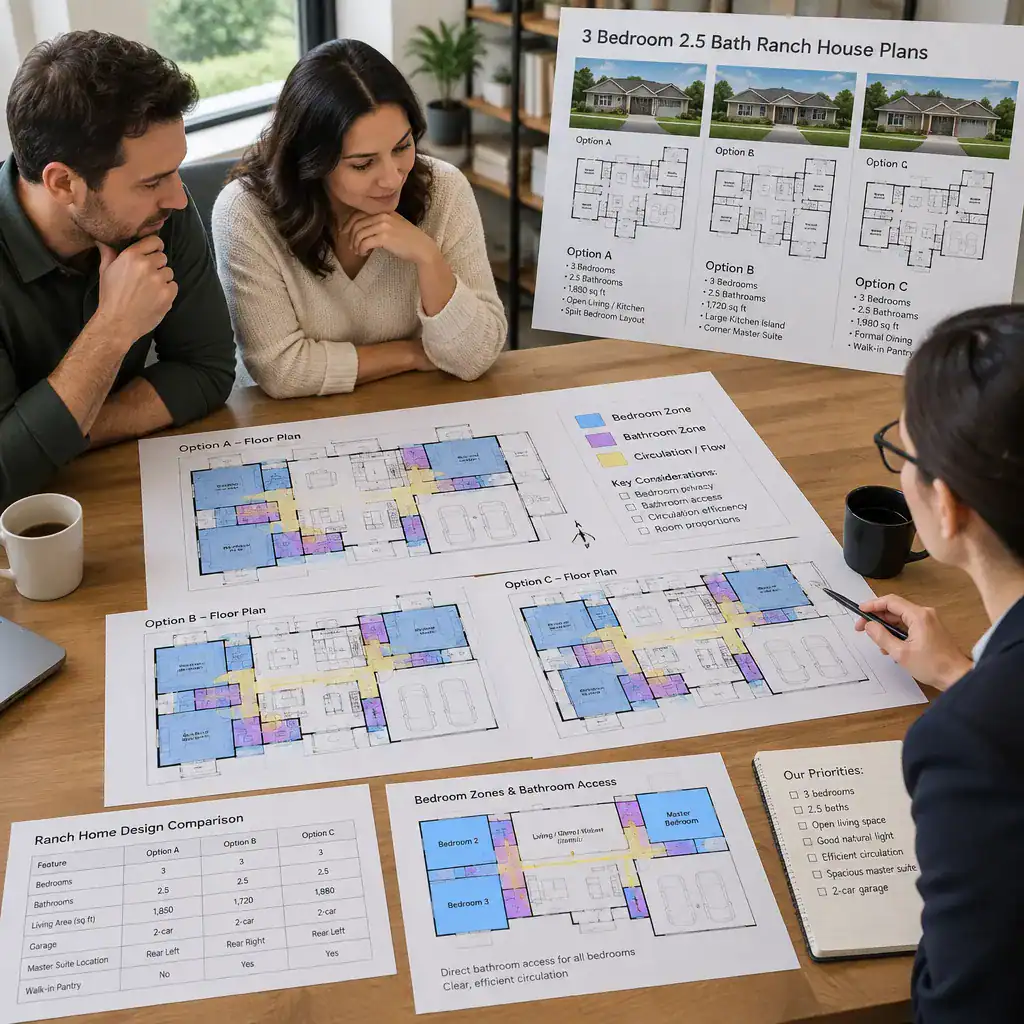comparing 3 bedroom ranch house plans with a designer