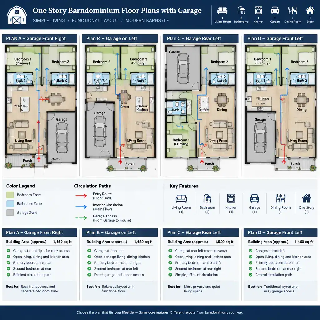 comparing one story barndominium floor plans with garages