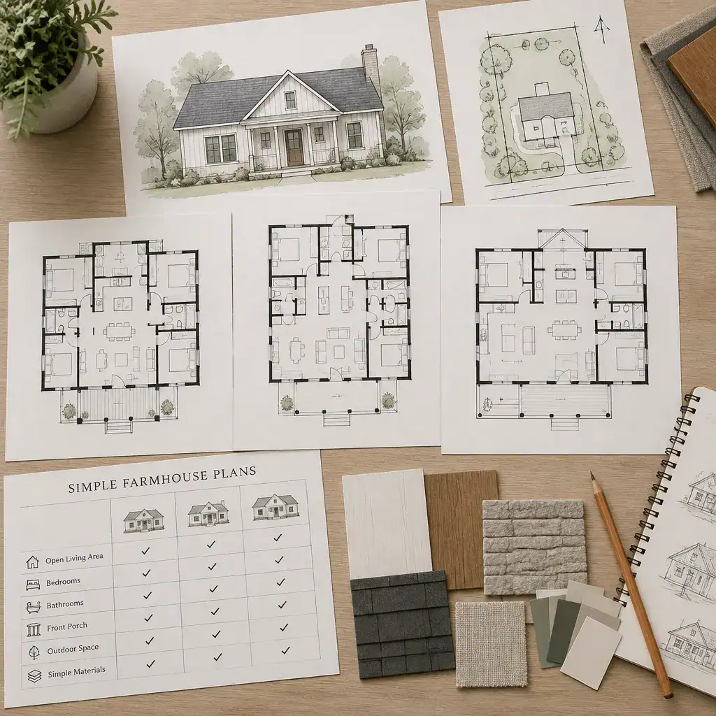 comparing simple farmhouse plans with layout checklist and site sketches
