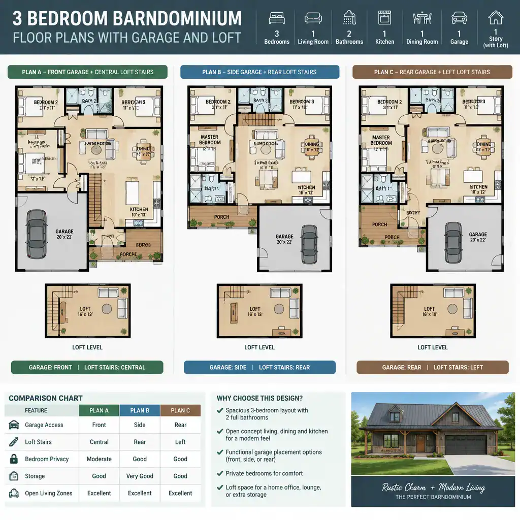 comparison checklist for 3 bedroom barndominium floor plans with garage and loft