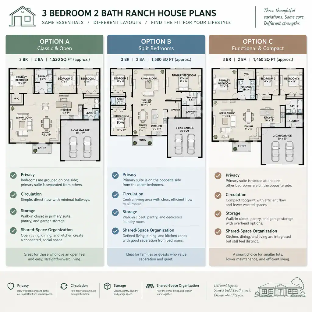 comparison of 3 bedroom 2 bath ranch house plan layouts