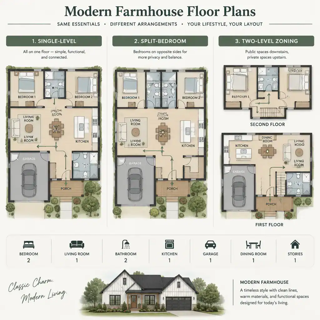 comparison of modern farmhouse floor plan arrangements