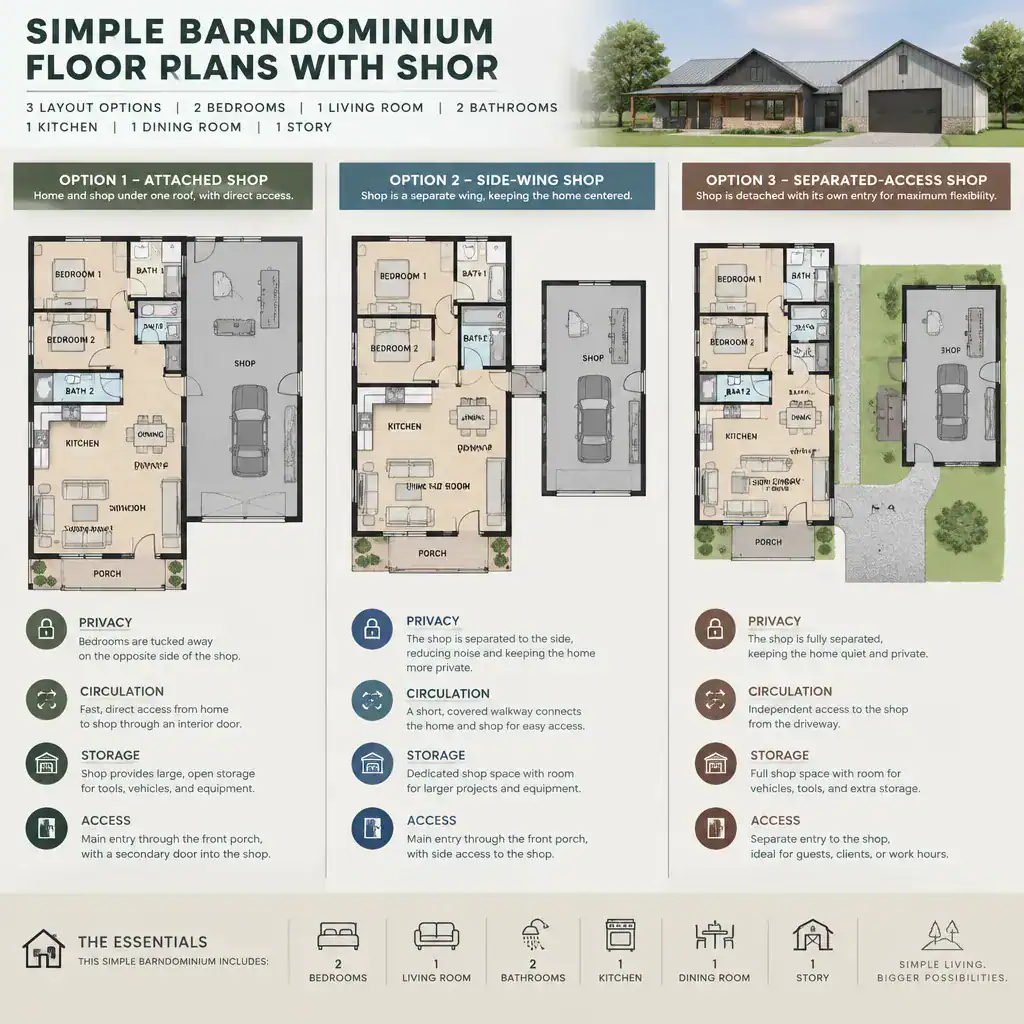comparison of simple barndominium floor plans with different shop configurations