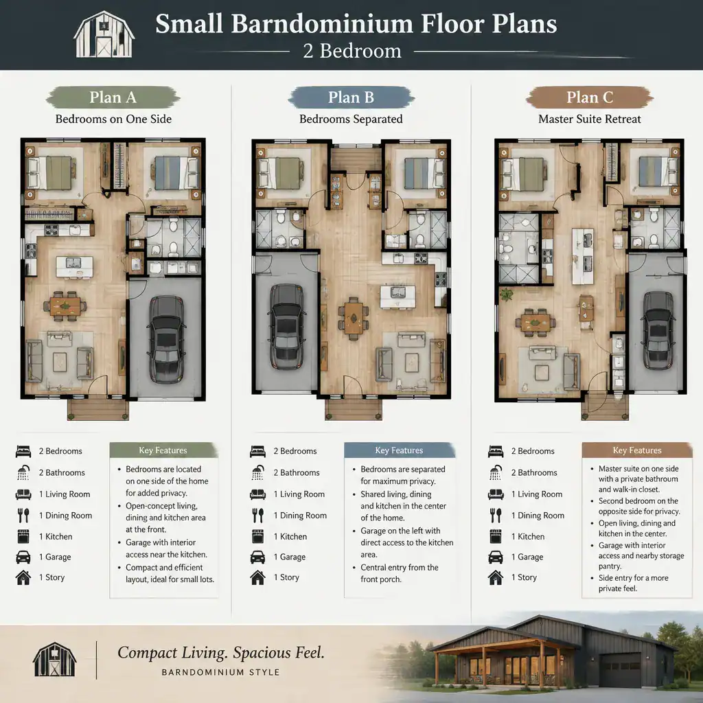 comparison of small two-bedroom barndominium floor plan layouts