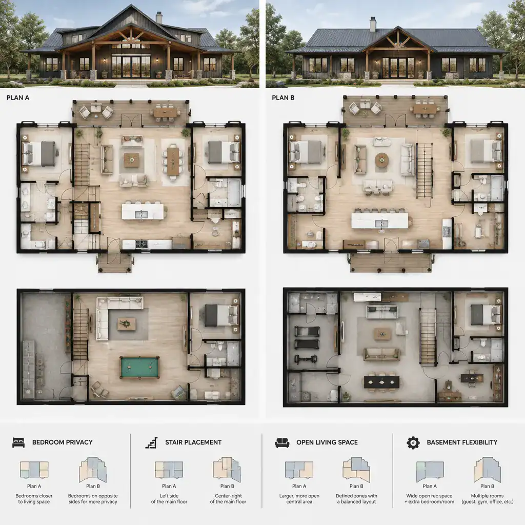 comparison of two bedroom barndominium basement plans