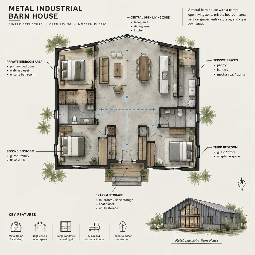 conceptual floor plan for a metal industrial barn house