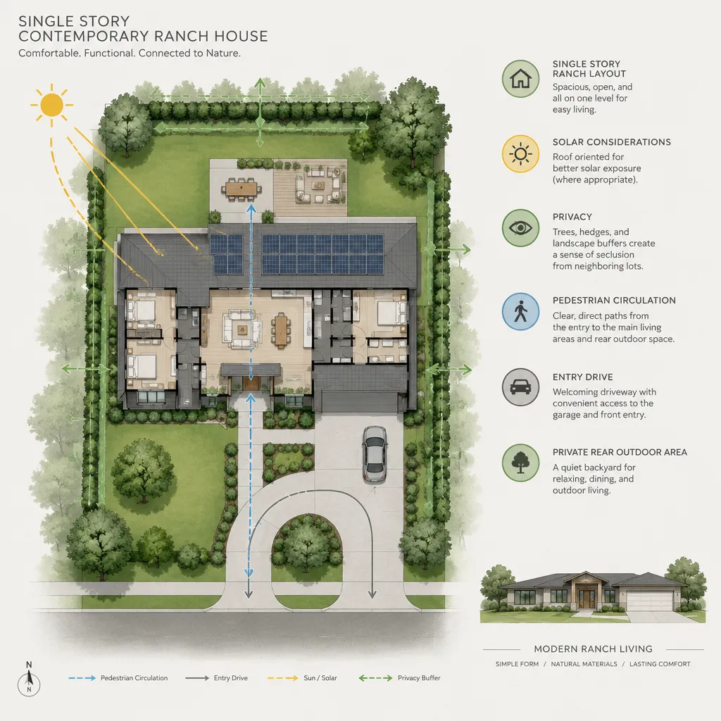 conceptual site plan for single story contemporary ranch house with outdoor privacy