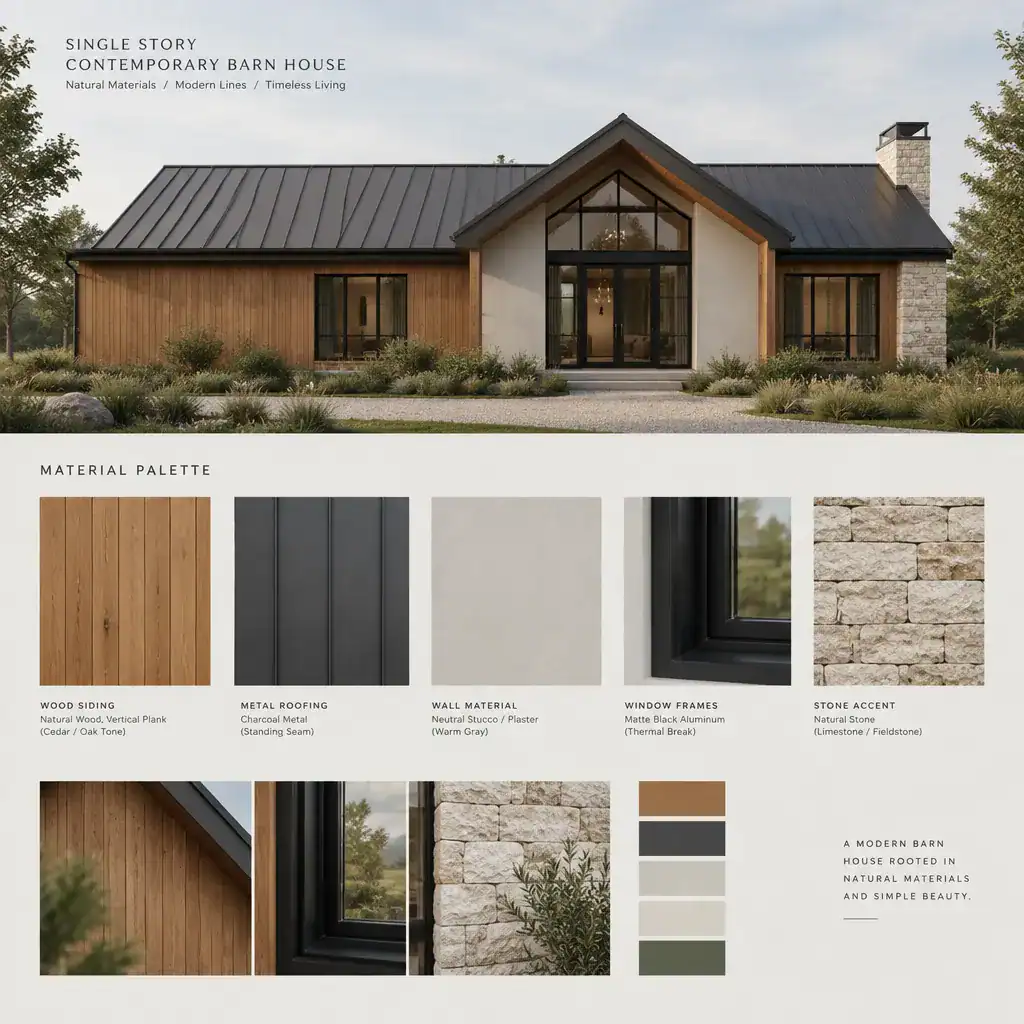 contemporary barn house exterior material palette with wood metal and neutral finishes