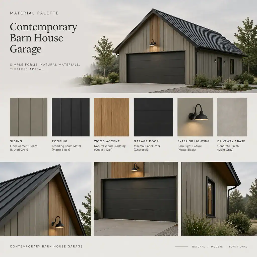 contemporary barn house garage material and color palette