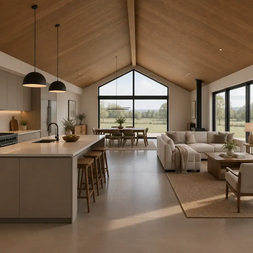 contemporary barn house open living dining and kitchen interior with warm wood accents