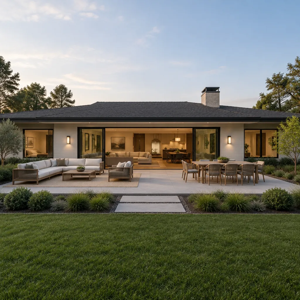 contemporary ranch house patio layout with lounge and dining zones