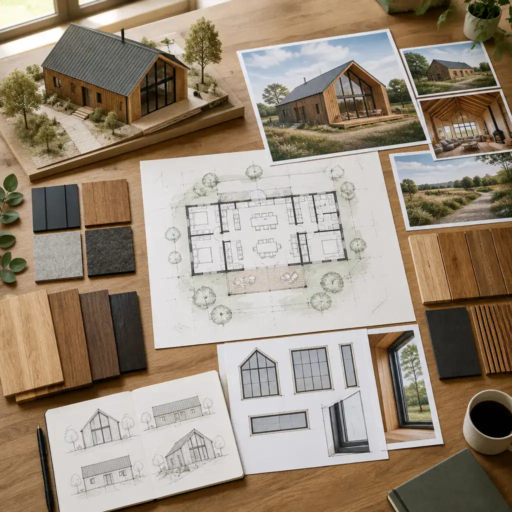 contemporary timber barn house design planning with material samples and floor plan sketches
