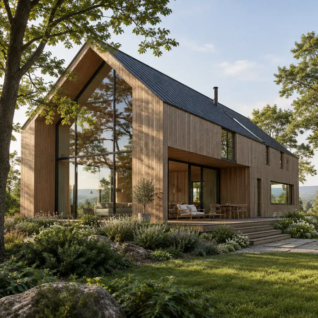 contemporary timber barn house with carefully placed windows and landscape connection