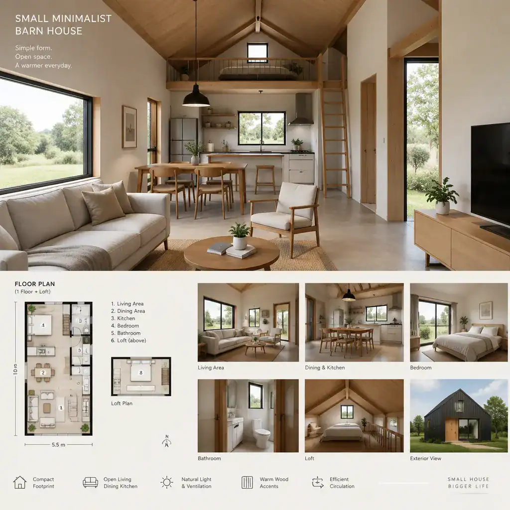 efficient small minimalist barn house interior layout