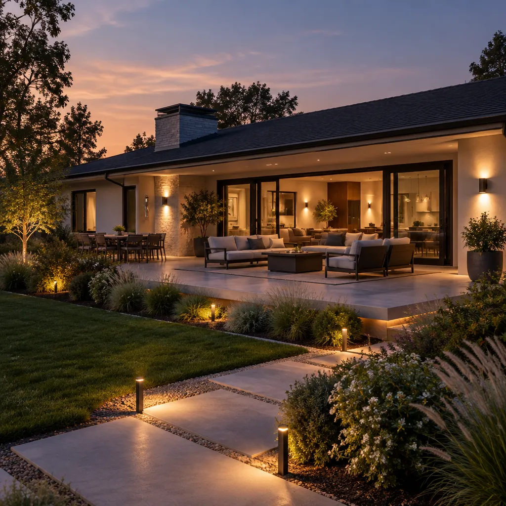evening contemporary ranch house patio with layered planting and subtle lighting