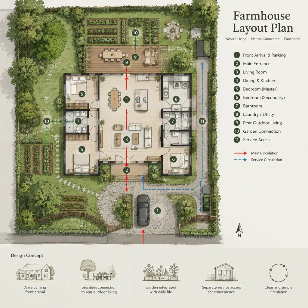 farmhouse floor plan connected to outdoor areas