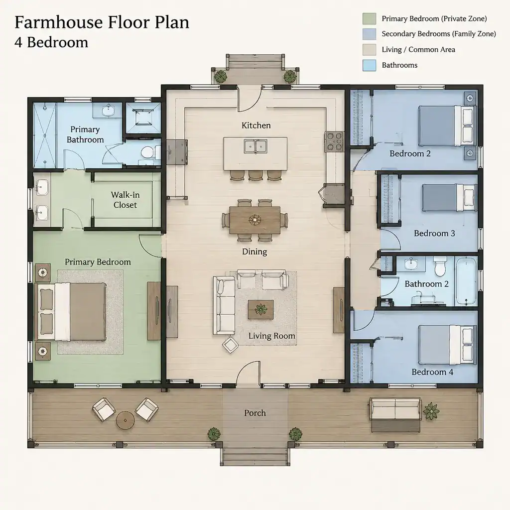 farmhouse four bedroom privacy zoning plan