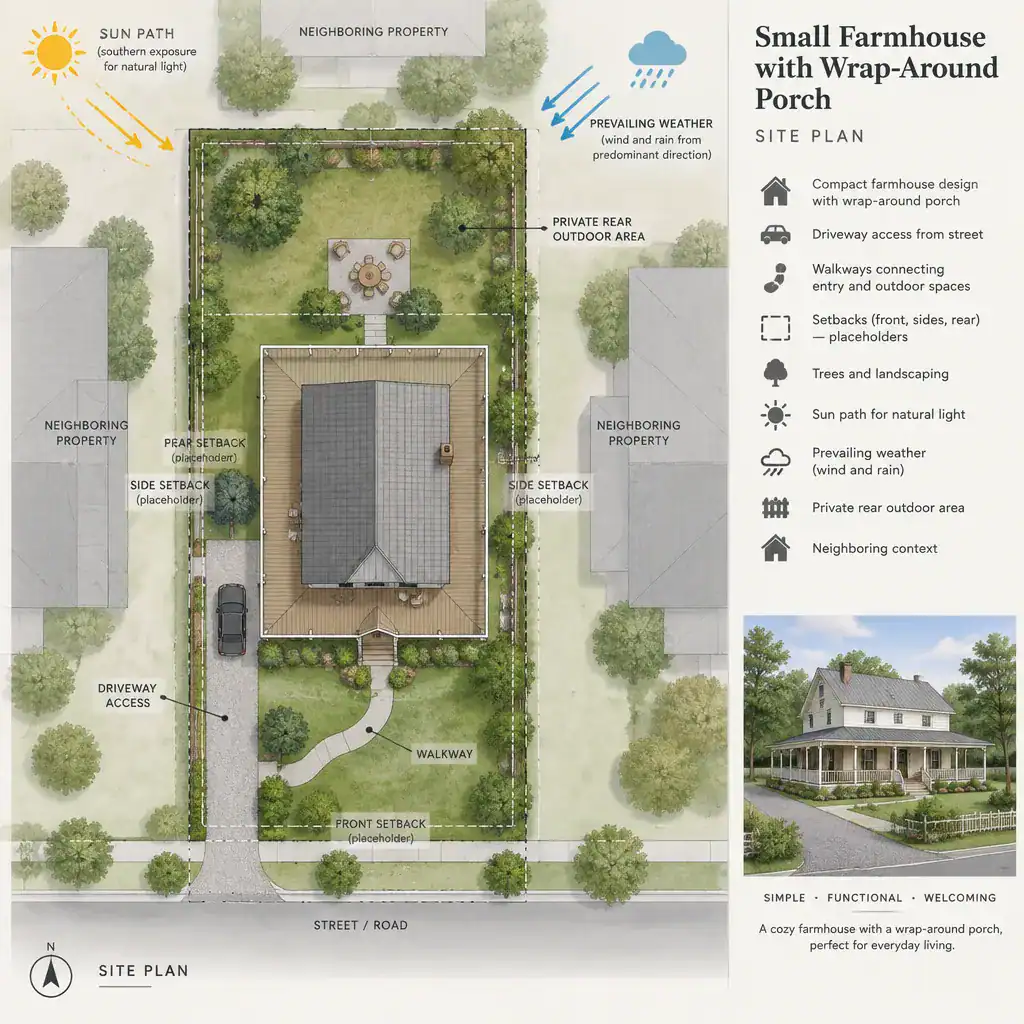 farmhouse house plan site placement with wrap around porch