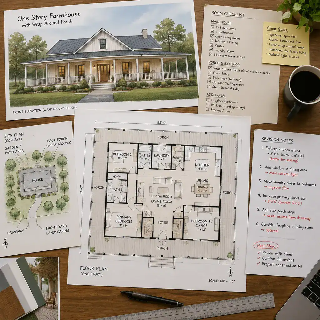 farmhouse plan review checklist and porch elevation