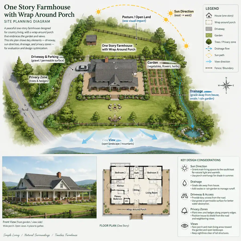 farmhouse site orientation with wrap around porch