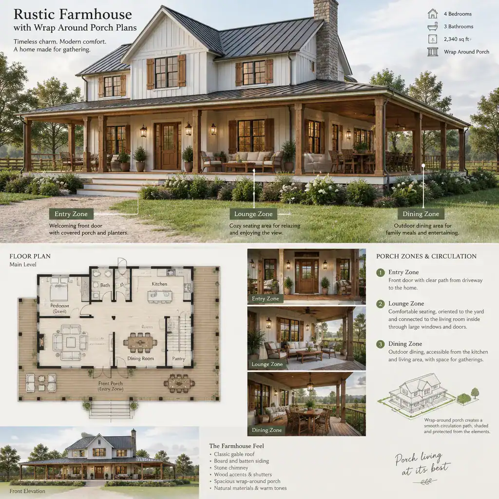 farmhouse wrap-around porch outdoor living zones