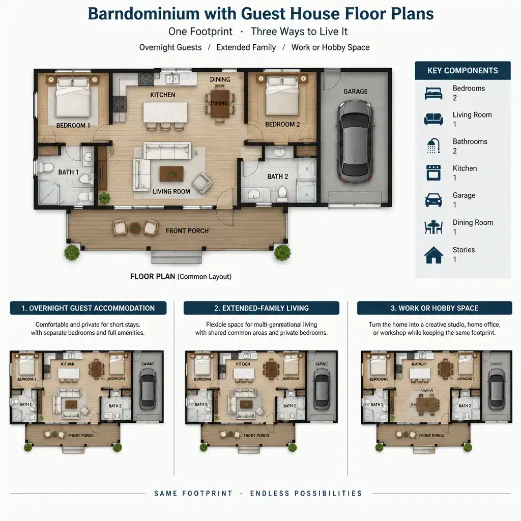 flexible barndominium guest house floor plan for multiple uses