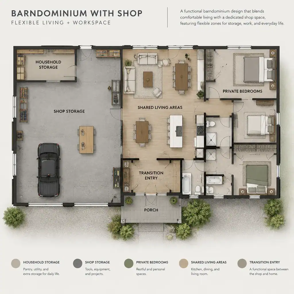 flexible barndominium home and shop storage layout