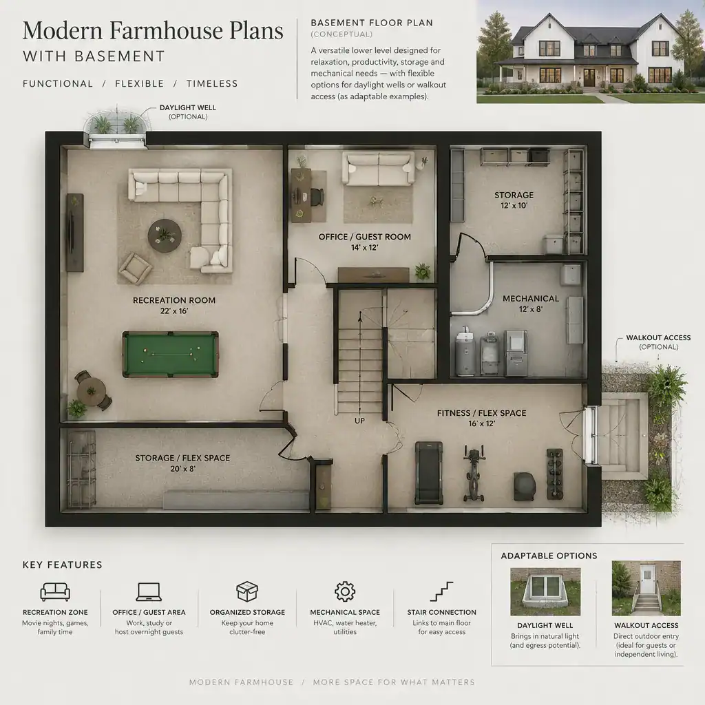 flexible basement layout for a modern farmhouse house plan