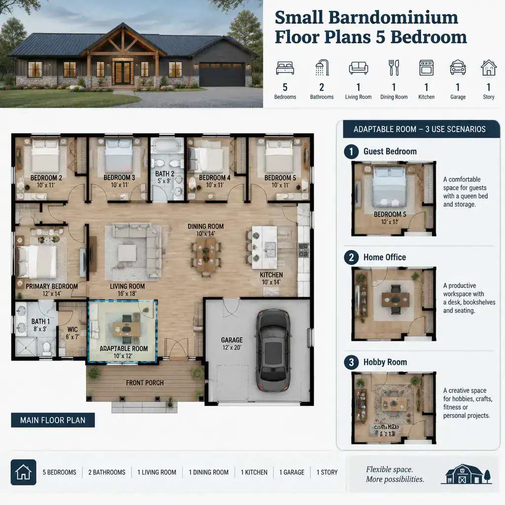 flexible five-bedroom barndominium floor plan