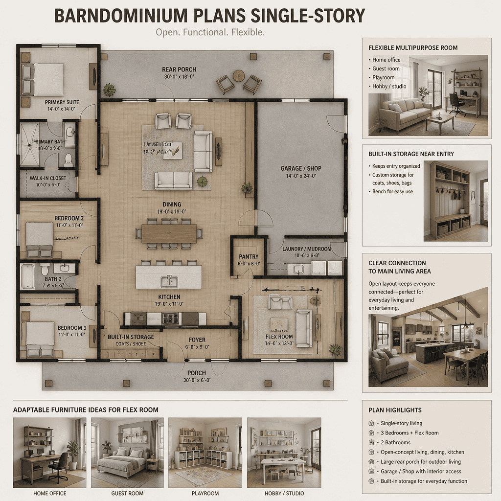 flexible multipurpose room and storage in a single-story barndominium
