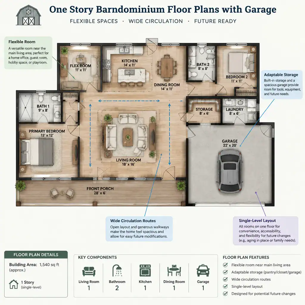 flexible one story barndominium floor plan for future adaptation