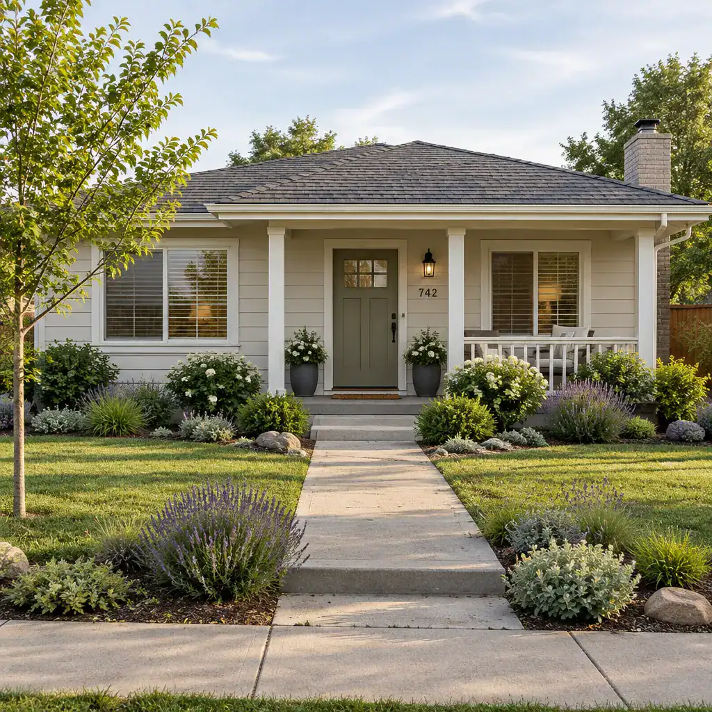 front yard landscaping connected to a small ranch house porch