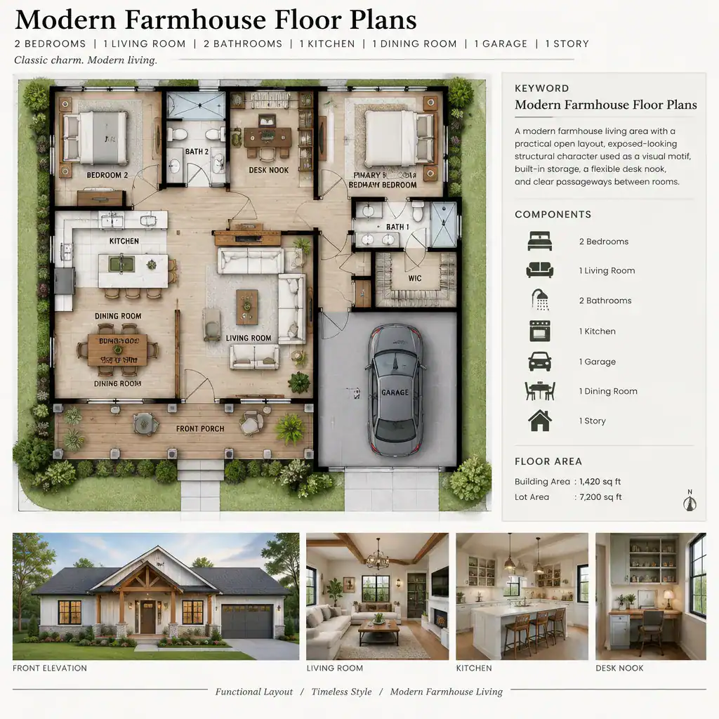functional modern farmhouse living area with flexible storage and workspace