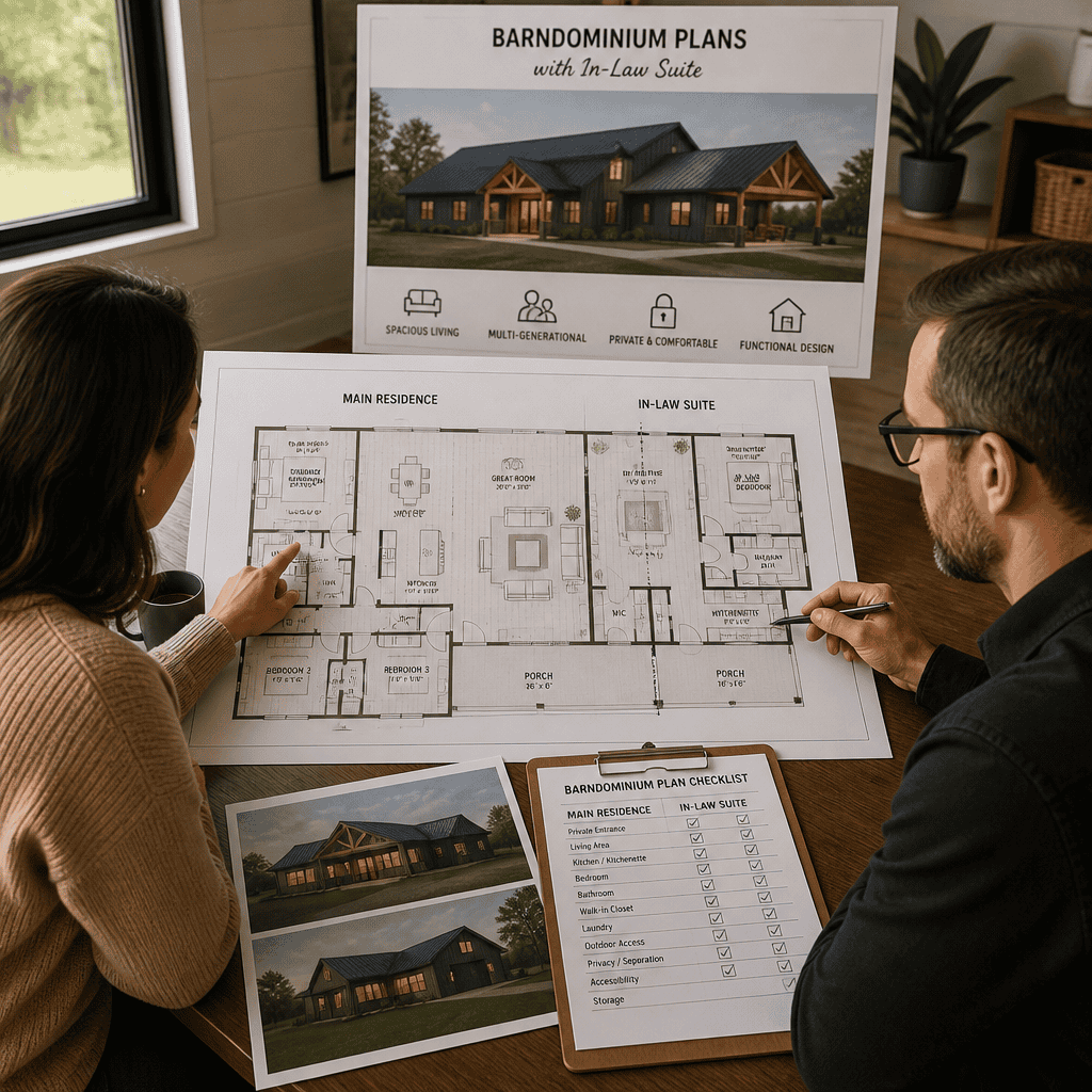 homeowner reviewing barndominium plans with an architect
