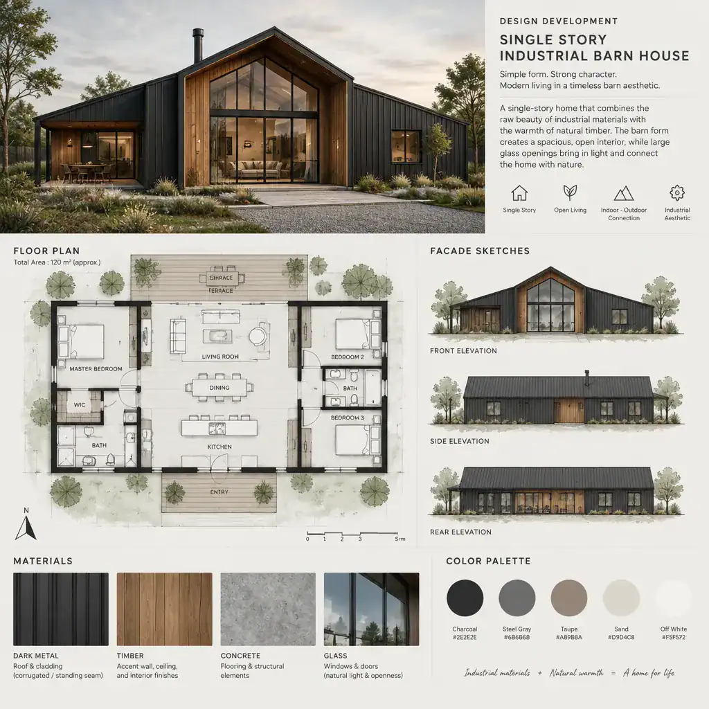industrial barn house design development mood board