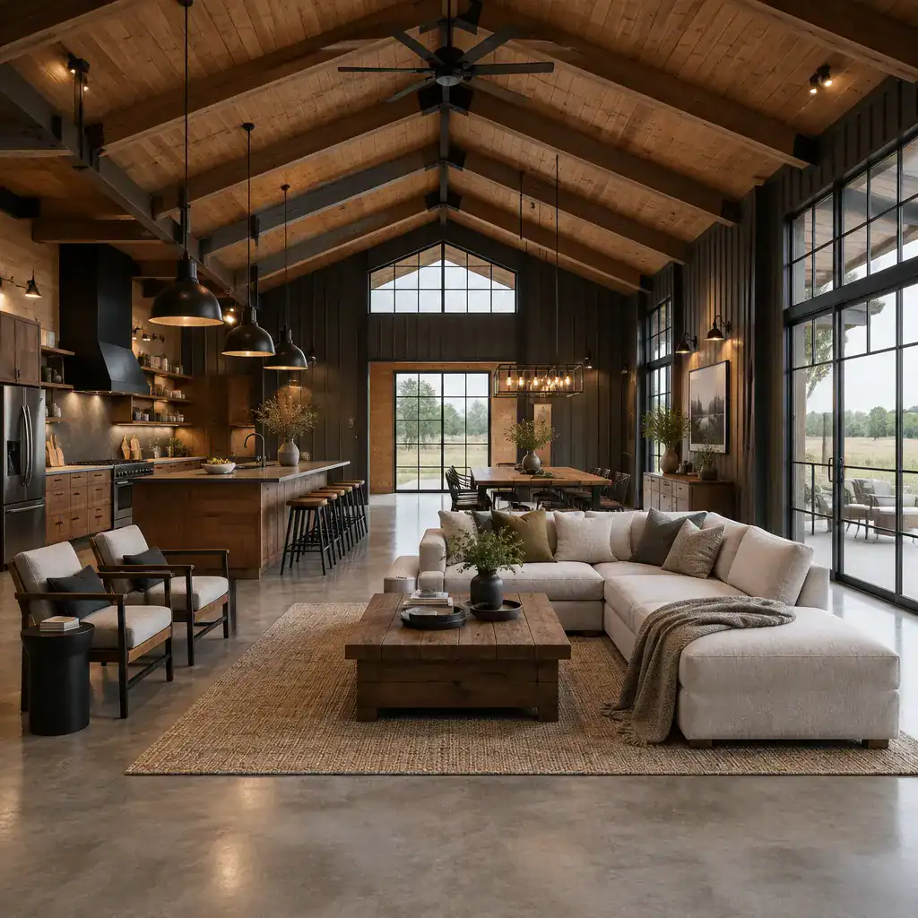 industrial barn house open-plan interior with warm materials