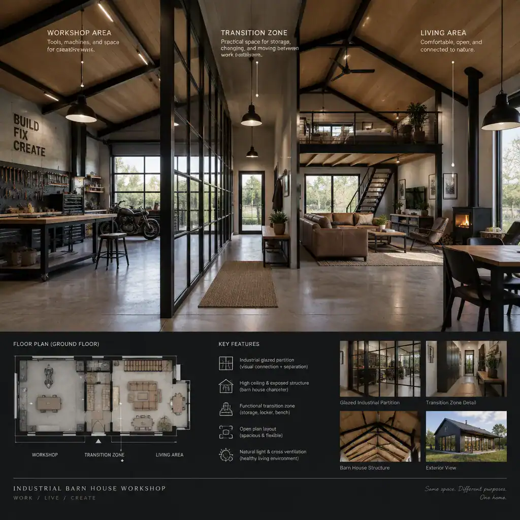 industrial barn house workshop and living area separation