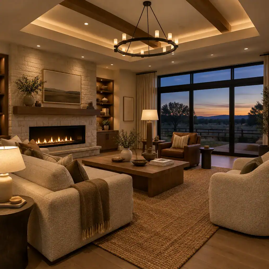 layered lighting and textured decor in modern ranch living room