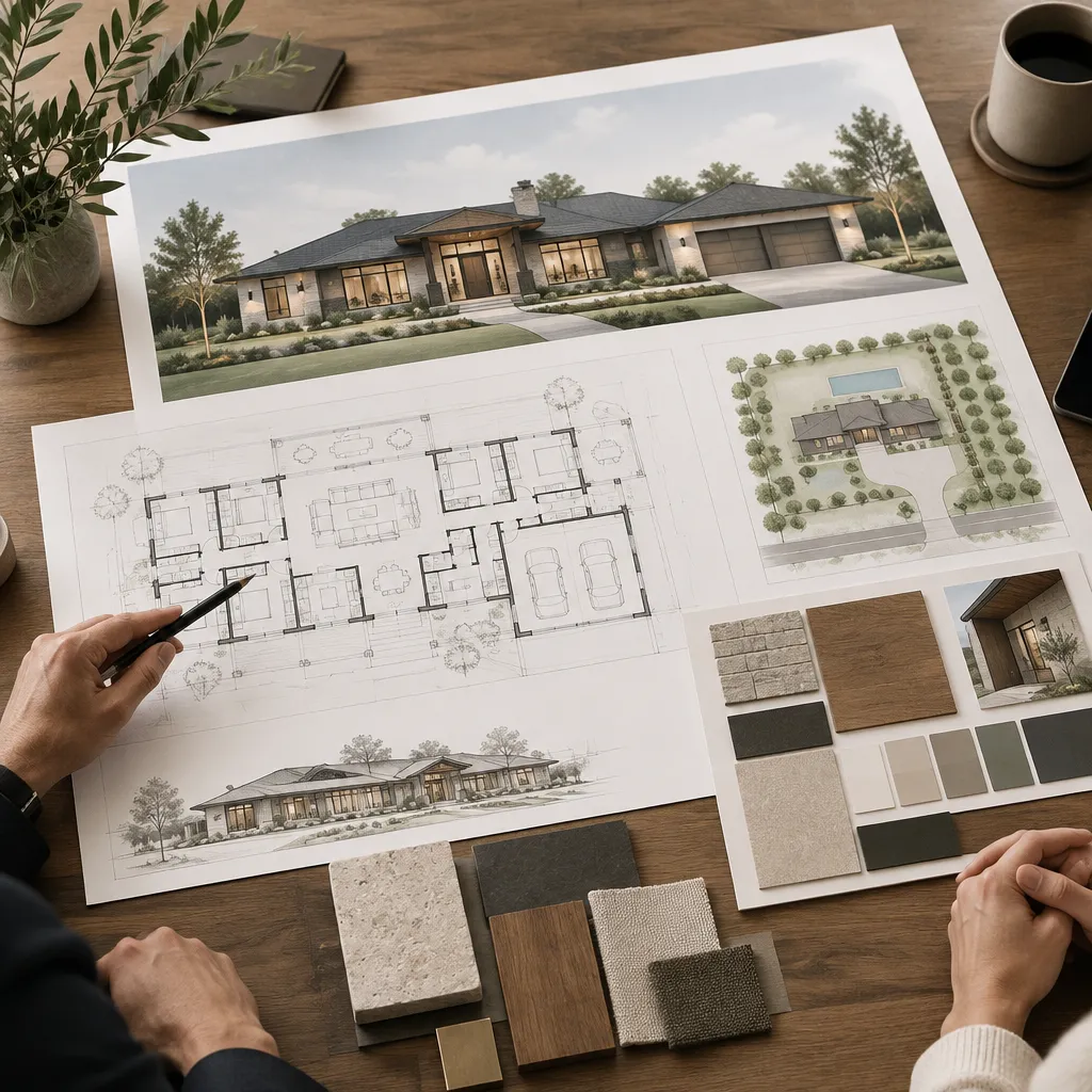 luxury contemporary ranch house design consultation with plans and material samples