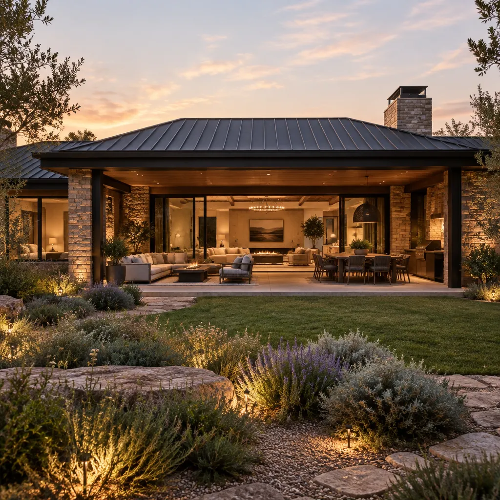 luxury contemporary ranch house with covered terrace and integrated landscape