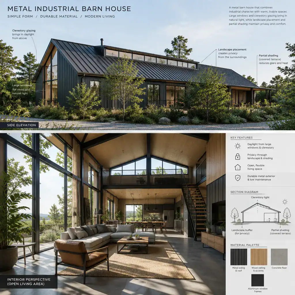 metal barn house with large windows and clerestory daylight