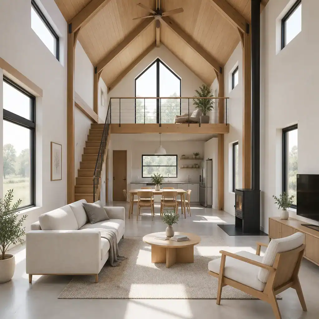 minimalist barn house interior with natural light and high ceiling